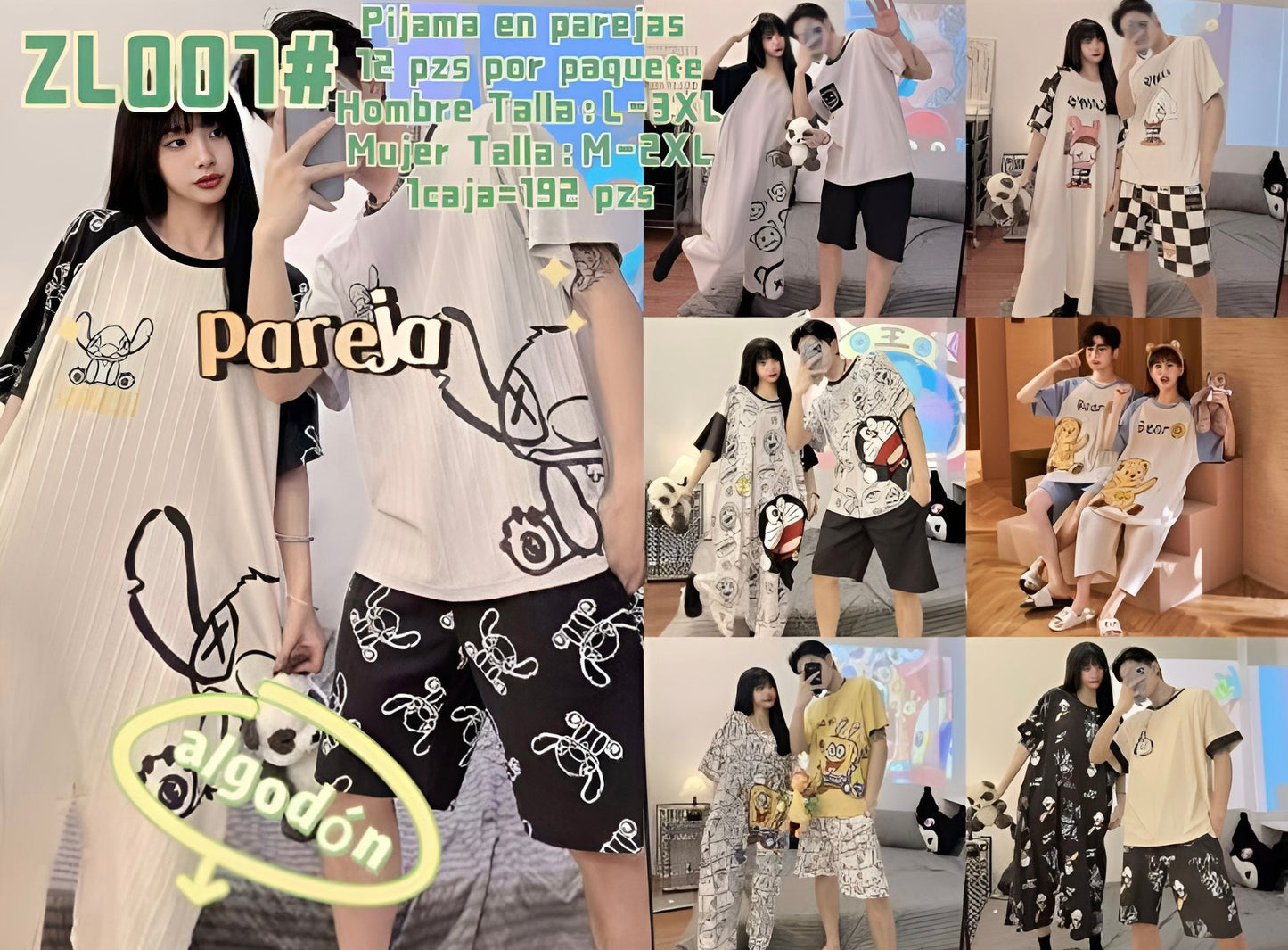 Pijamas individual para  Pareja Calidad Alta  (Hombre: Playera + Short | Mujer: Pijama Jumper) (G6,H6 G1,H1) ZL007 se vende por separado