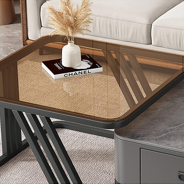Mesa de Centro de Vidrio Cuadrada con Cajón y Tapa de Mármol, Anidada - Cosmo Girl Fashion