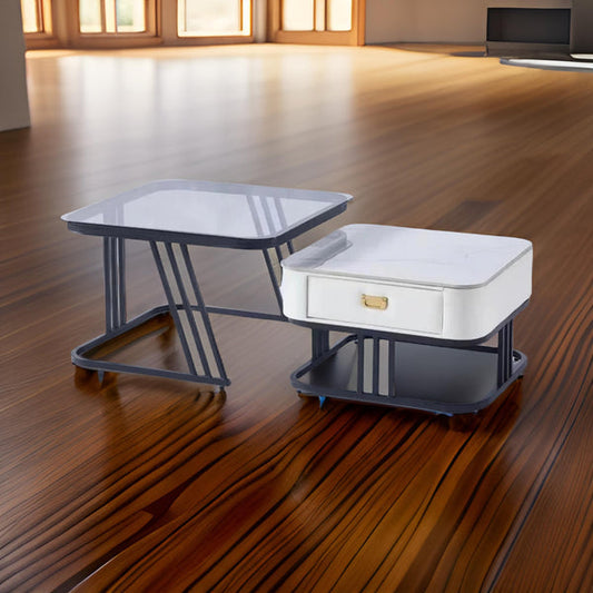 Mesa de Centro de Vidrio Cuadrada con Cajón y Tapa de Mármol, Anidada - Cosmo Girl Fashion