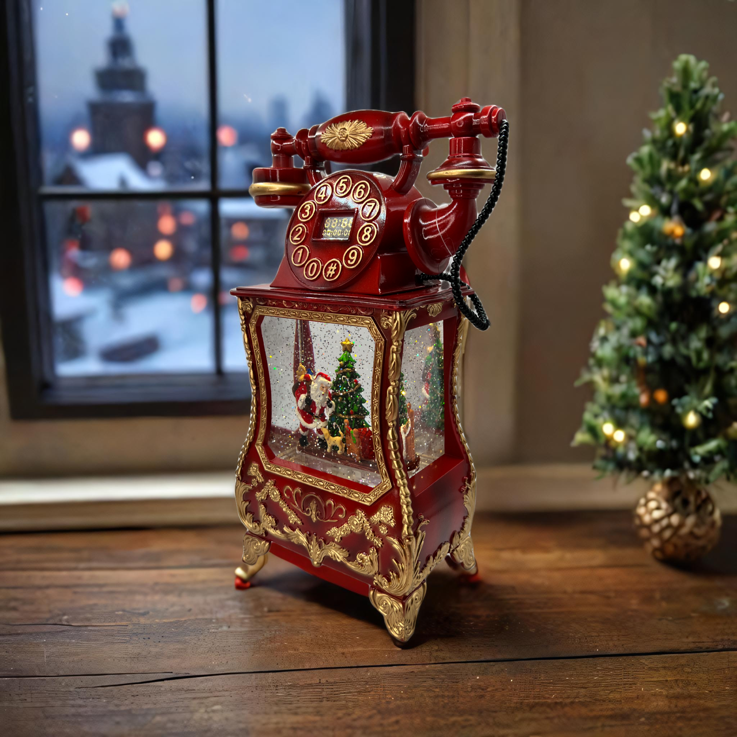 Teléfono Vintage Navideño con Luz, Brillo, Nieve y Música 🎄D-21666 y 10 melodías navideñas