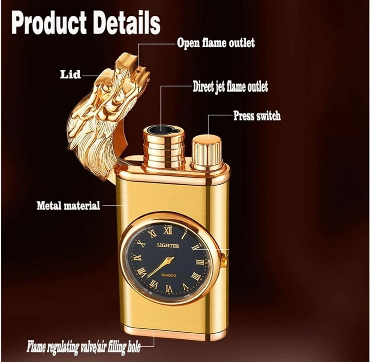 Encendedor con Reloj Vintage de 2 Flamas – Modelo 9274
Incluye elegante estuche deluxe | Recargable con gas (no incluido)