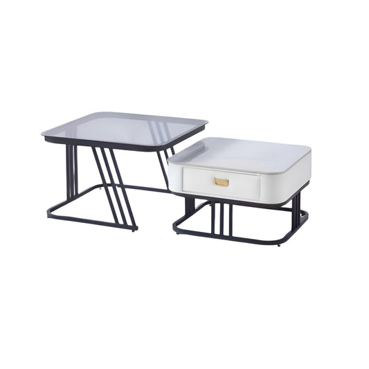 Mesa de Centro de Vidrio Cuadrada con Cajón y Tapa de Mármol, Anidada - Cosmo Girl Fashion