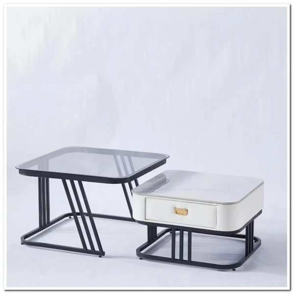 Mesa de Centro de Vidrio Cuadrada con Cajón y Tapa de Mármol, Anidada - Cosmo Girl Fashion