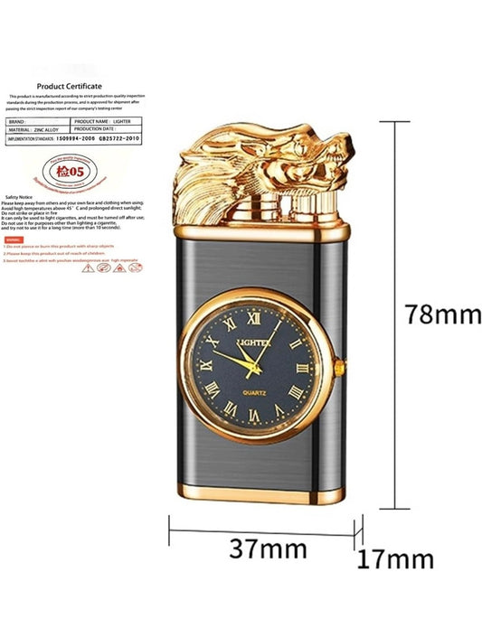 Encendedor con Reloj Vintage de 2 Flamas – Modelo 9274
Incluye elegante estuche deluxe | Recargable con gas (no incluido)