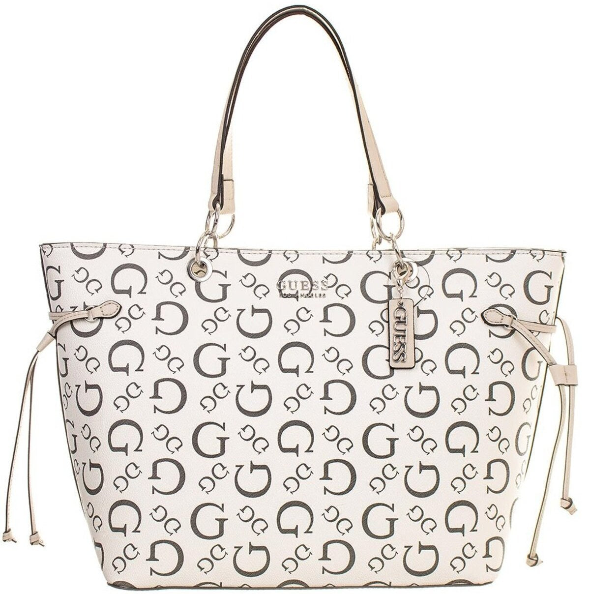 Bolsa Tote Gue/ss para dama 5511 foto de referencia el color es blanca con letras multicolor