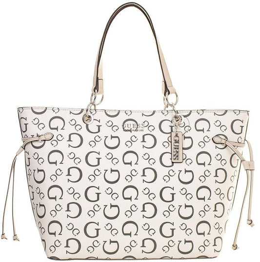 Bolsa Tote Gue/ss para dama 5511 foto de referencia el color es blanca con letras multicolor