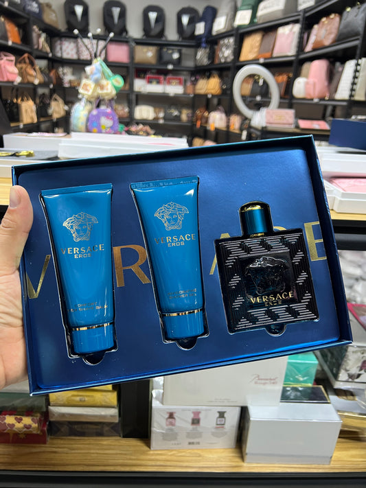 Set 3 Piezas Versace Eros para caballero: Eau de toilette 100 ml + Gel de ducha 100 ml + Bálsamo after shave 100 ml