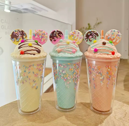 Vaso de Cristal orejas de raton Galleta Helado 450ml COS1001 con popote y luz led