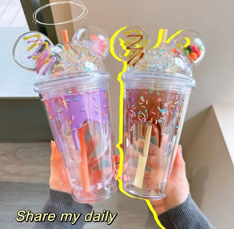 Vaso de orejas de ratón Helado Gomitas transparente 450ml 1002 con popote y luz led