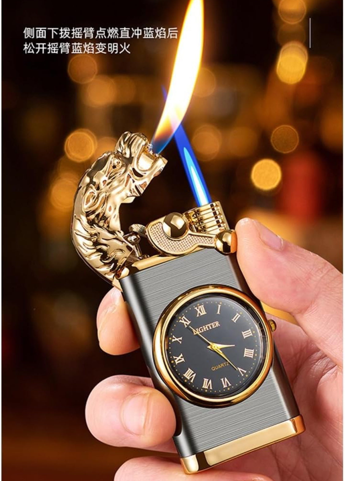 Encendedor con Reloj Vintage de 2 Flamas – Modelo 9274
Incluye elegante estuche deluxe | Recargable con gas (no incluido)