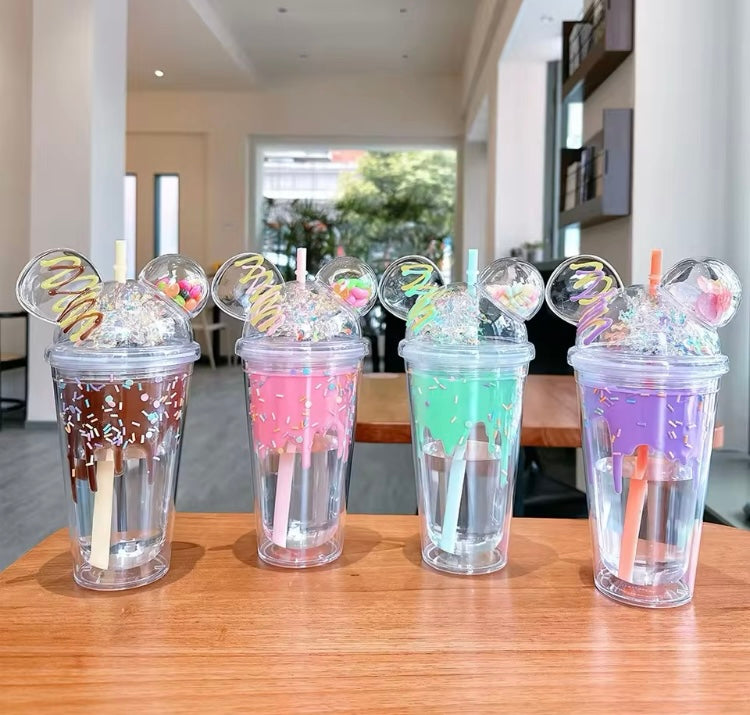 Vaso de orejas de ratón Helado Gomitas transparente 450ml 1002 con popote y luz led