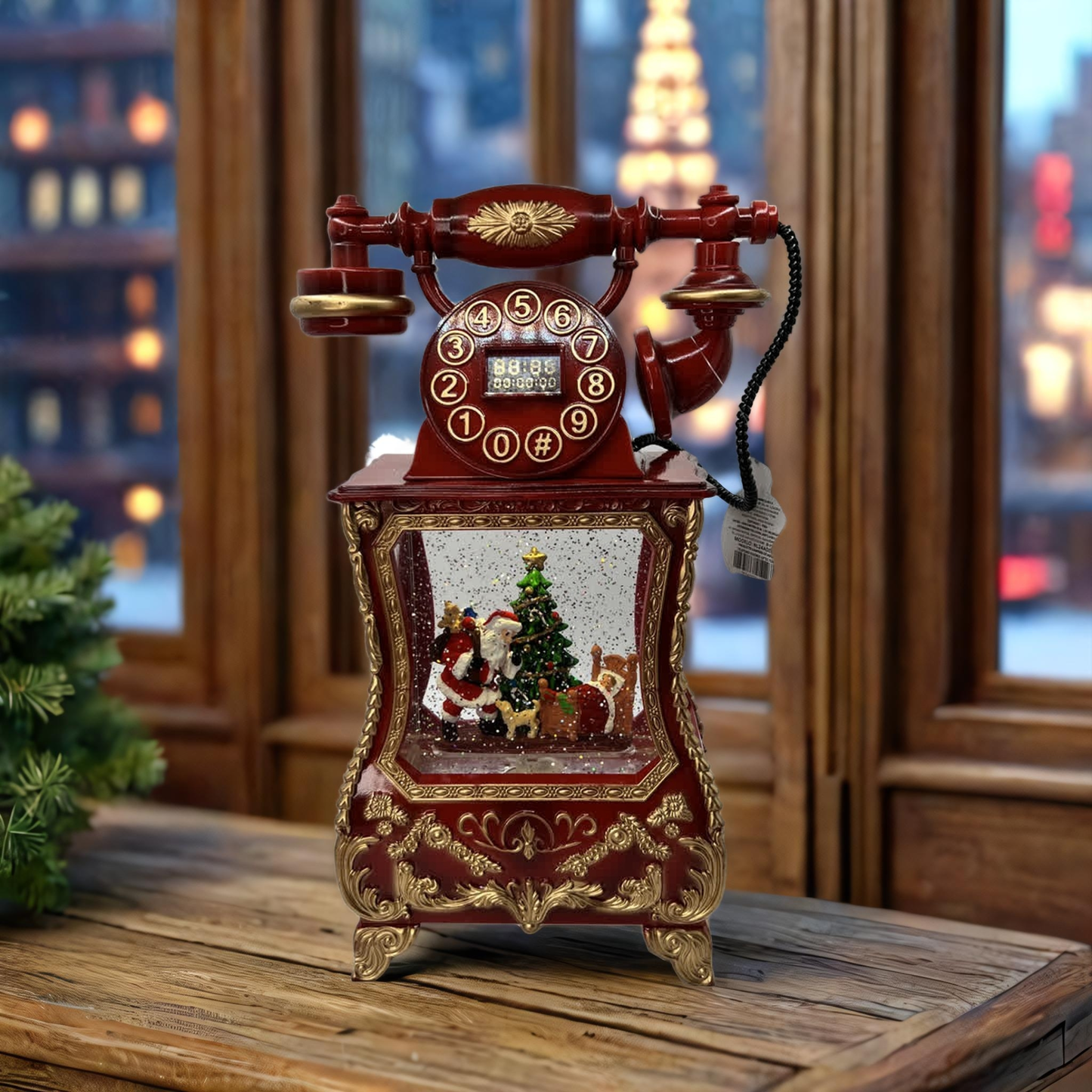 Teléfono Vintage Navideño con Luz, Brillo, Nieve y Música 🎄D-21666 y 10 melodías navideñas